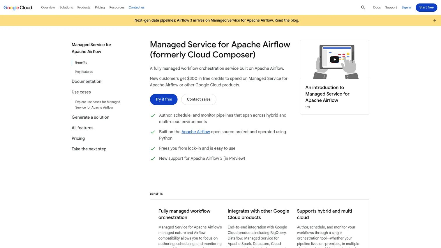 Google Cloud Composer page showing managed Apache Airflow service