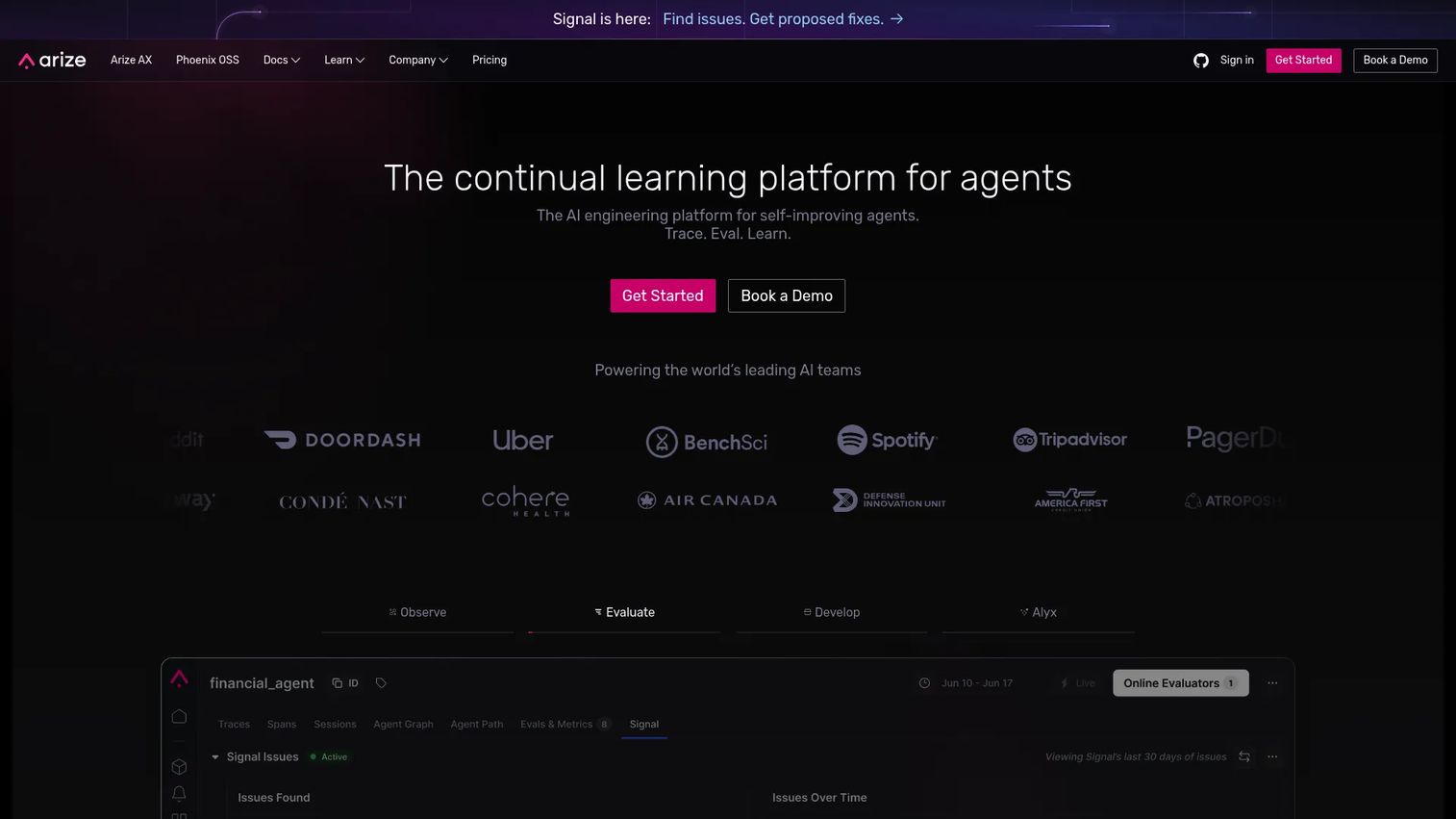 Arize AI observability and evaluation platform homepage