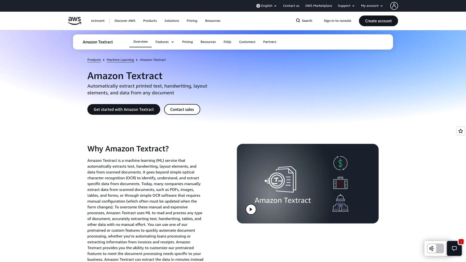 AWS Textract document text and data extraction service