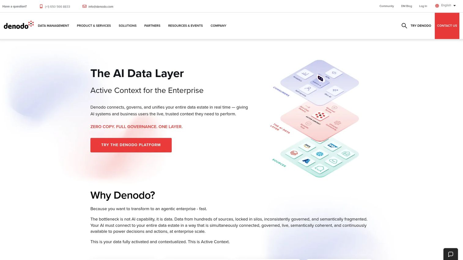 Denodo homepage describing enterprise data virtualization
