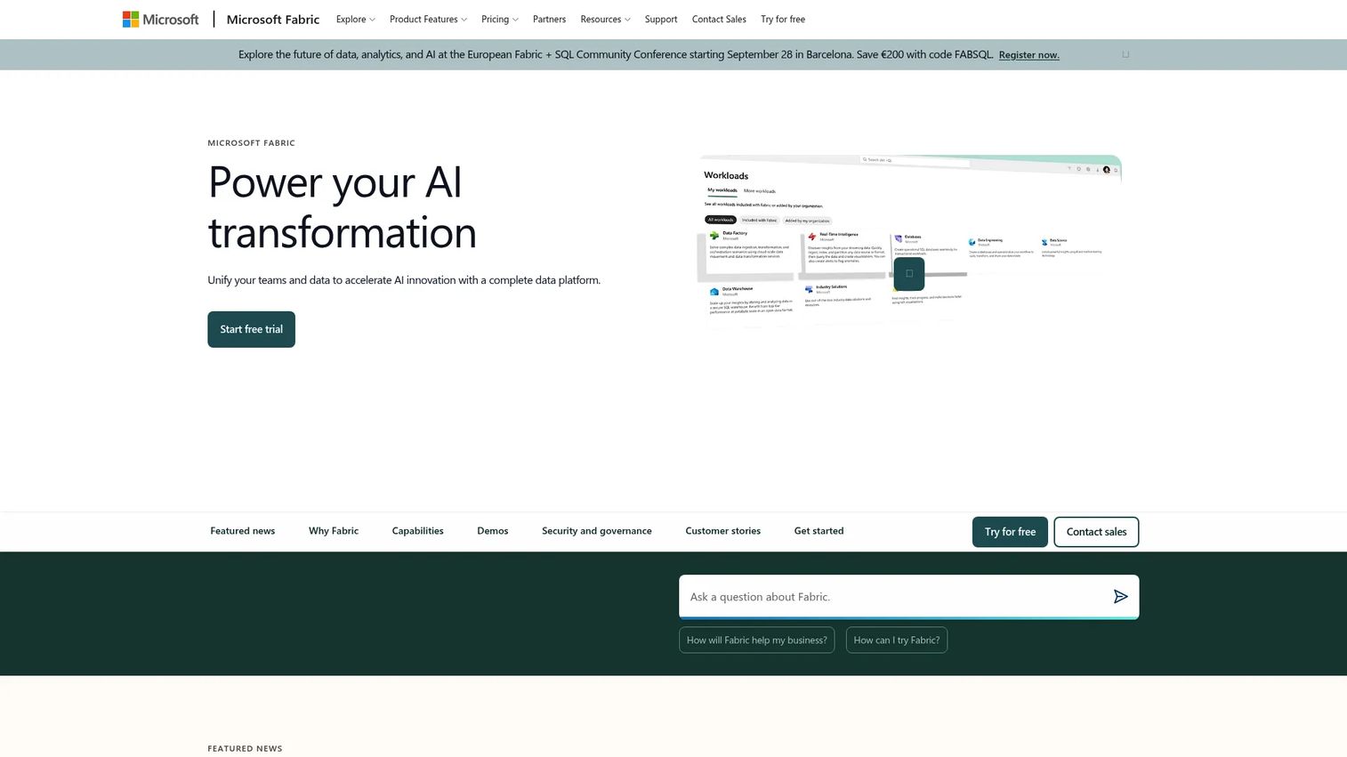 Microsoft Fabric homepage showing the unified analytics platform