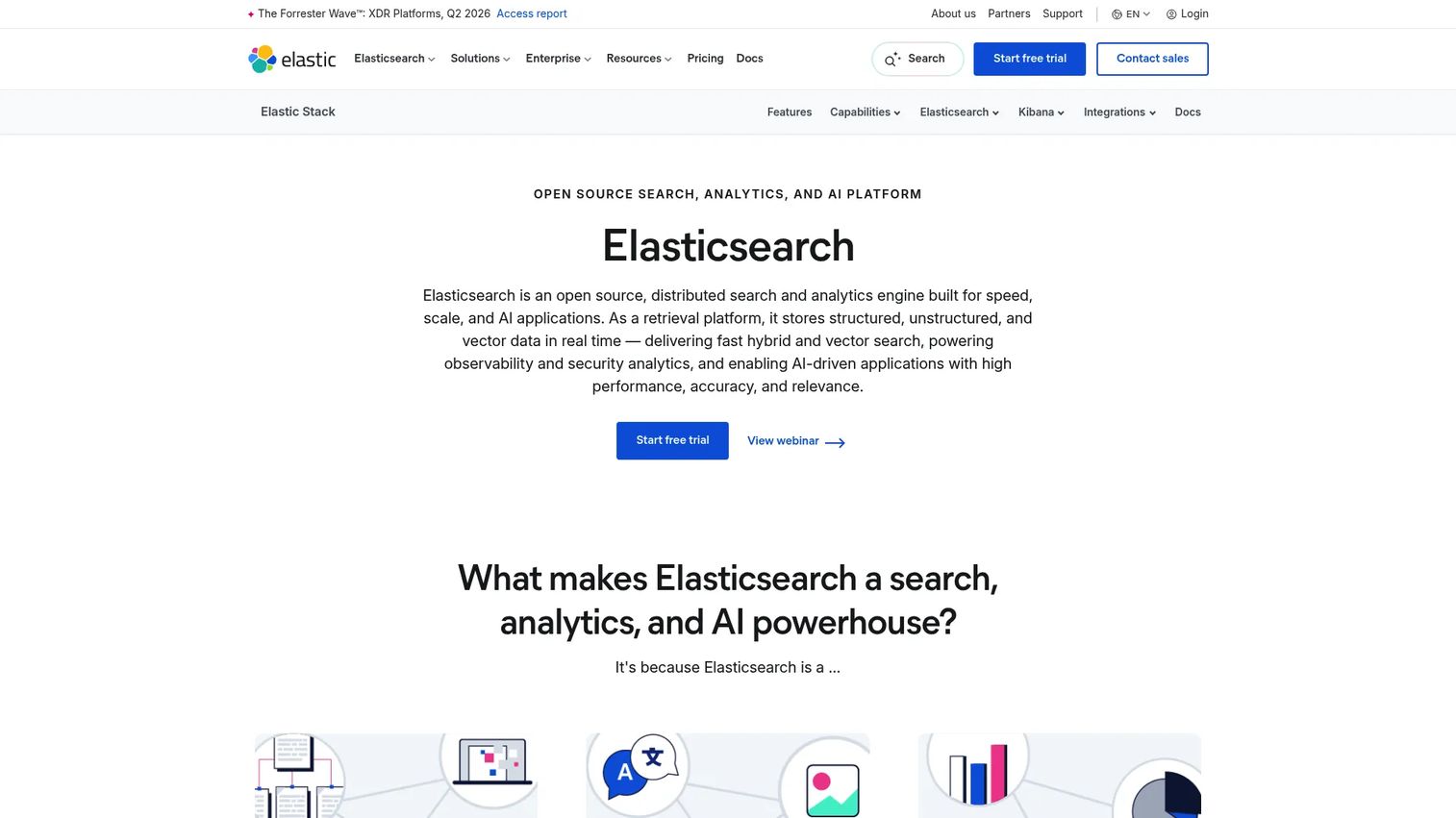 Elasticsearch search and analytics engine homepage