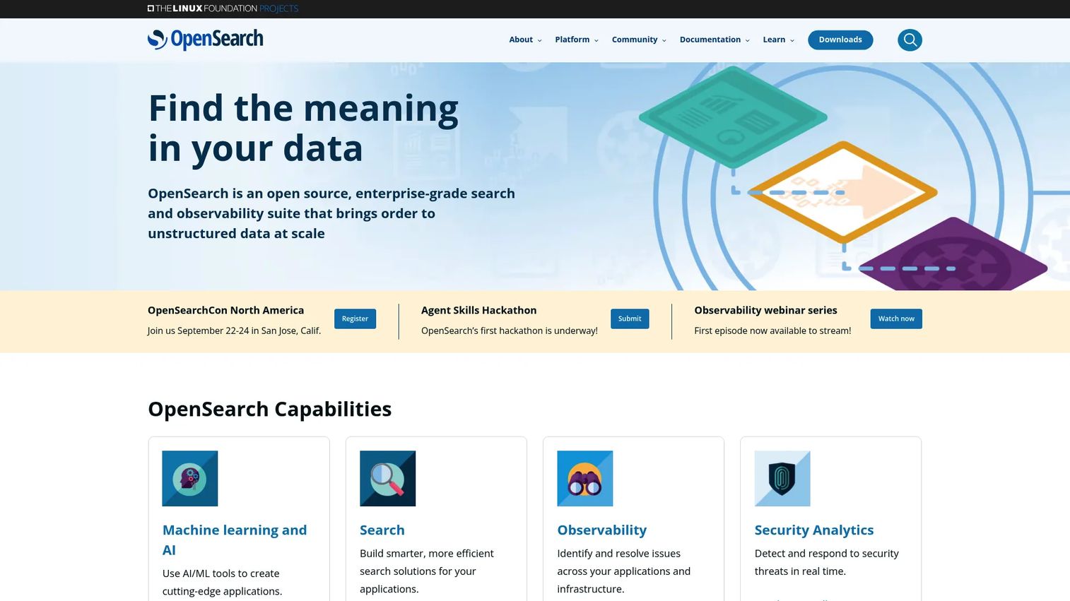 OpenSearch open-source search and analytics suite homepage