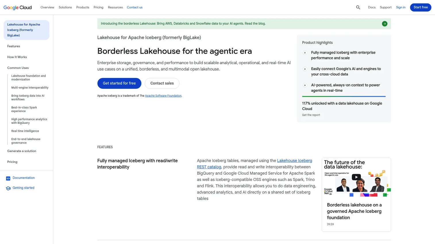 Google BigLake lakehouse product page