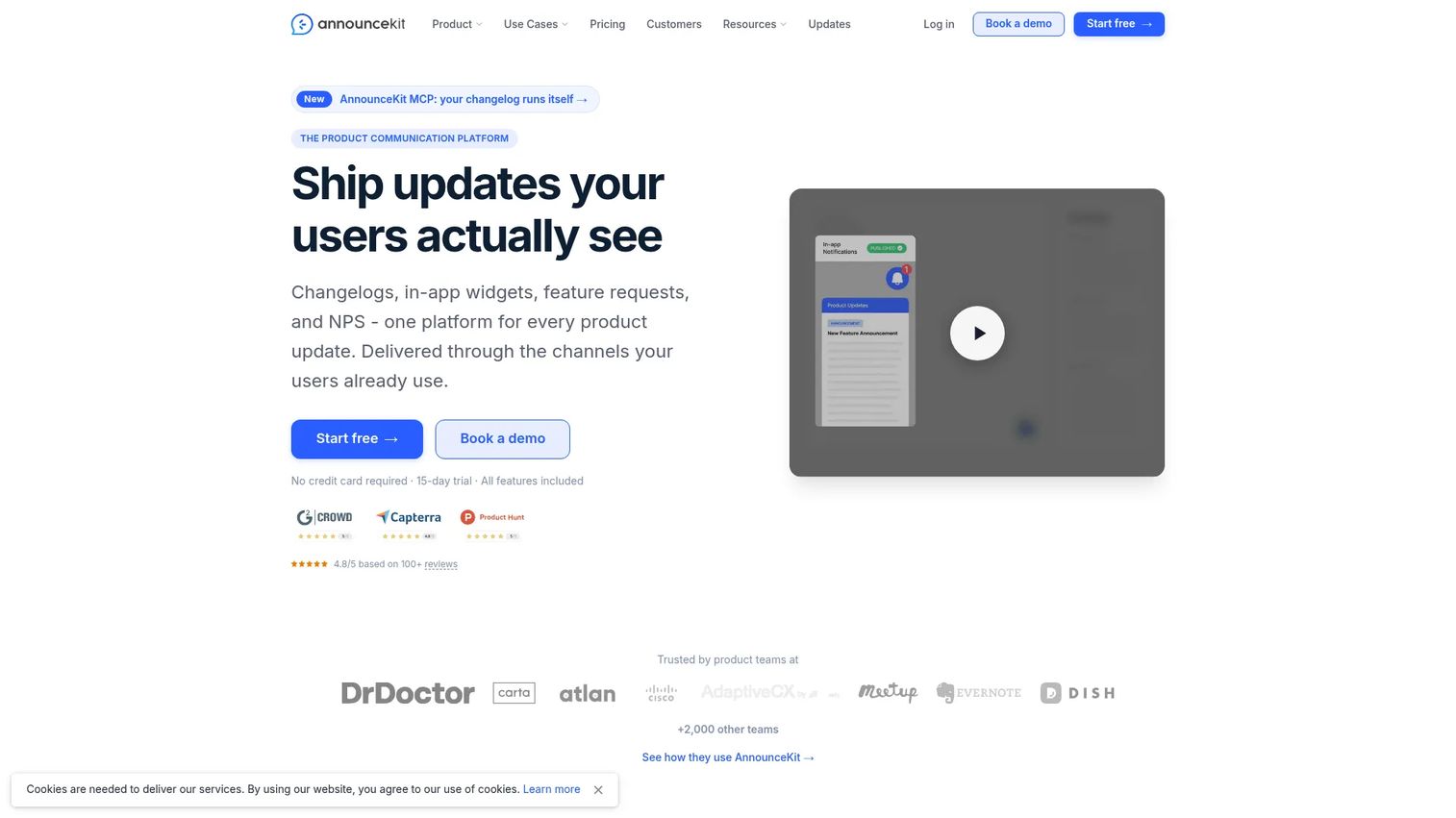 AnnounceKit product update software homepage