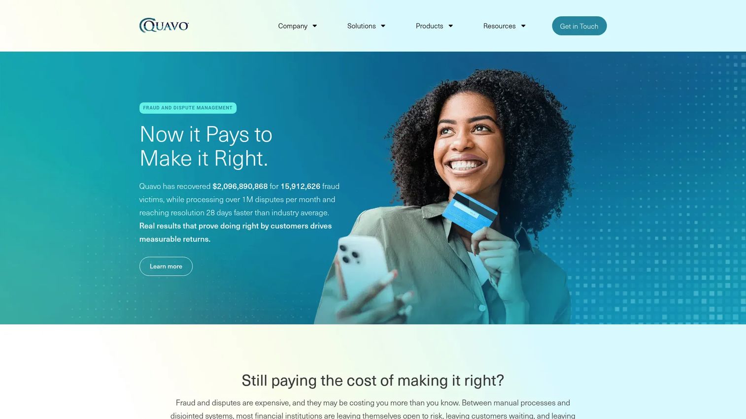 Quavo fraud and dispute management software homepage