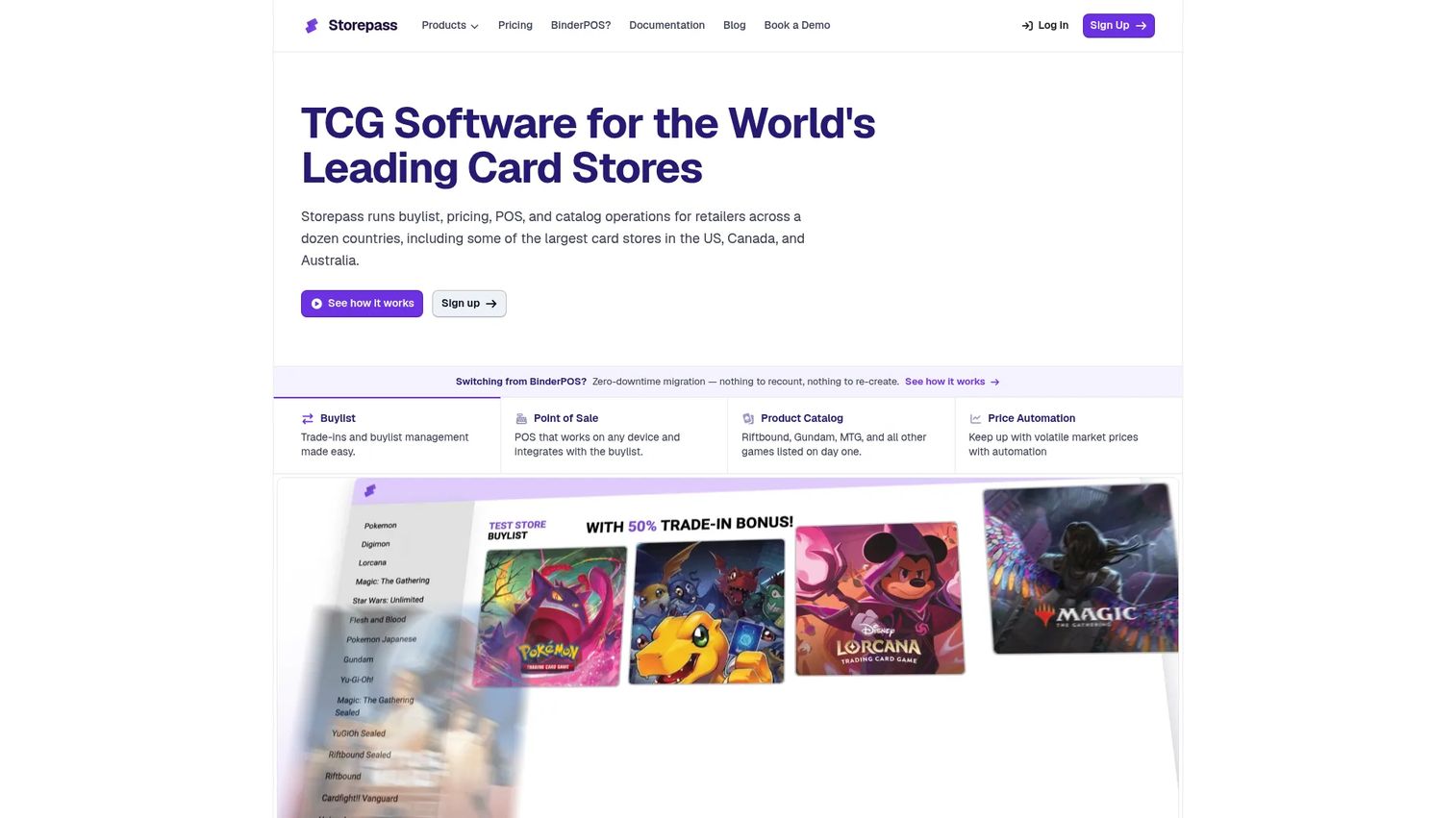 Storepass TCG and hobby store software homepage