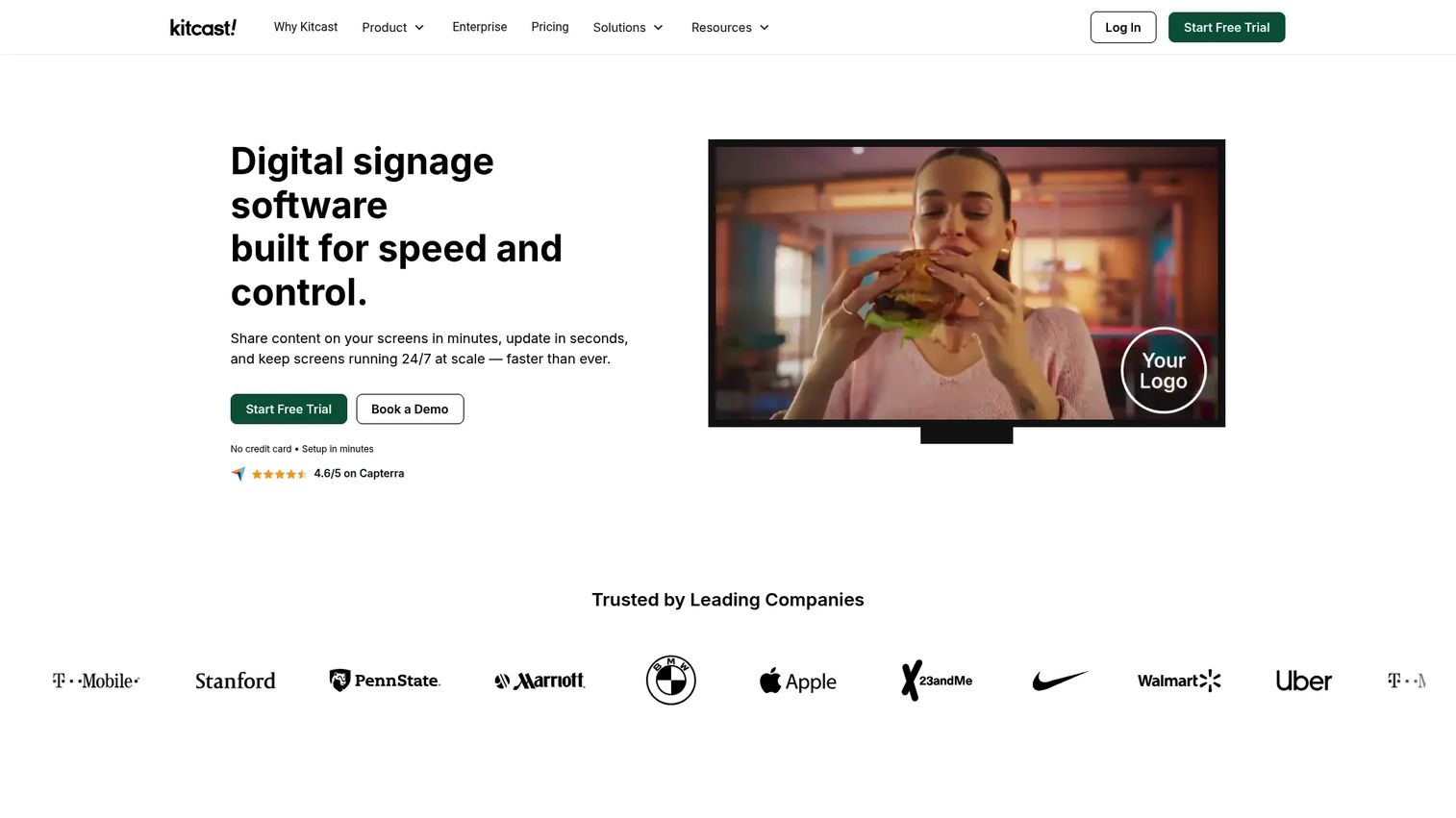Kitcast digital signage software homepage