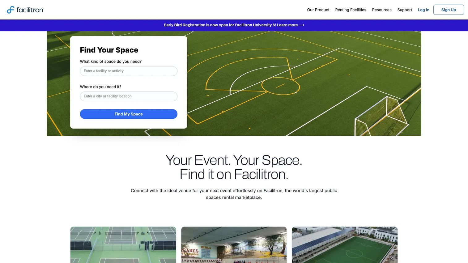 Facilitron facility management platform homepage