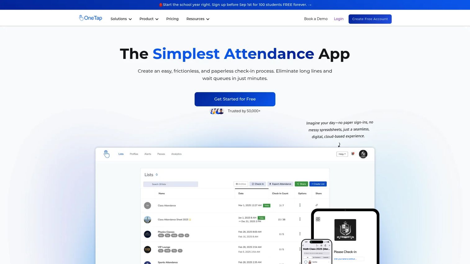 OneTapCheckin digital check-in and attendance tracking homepage