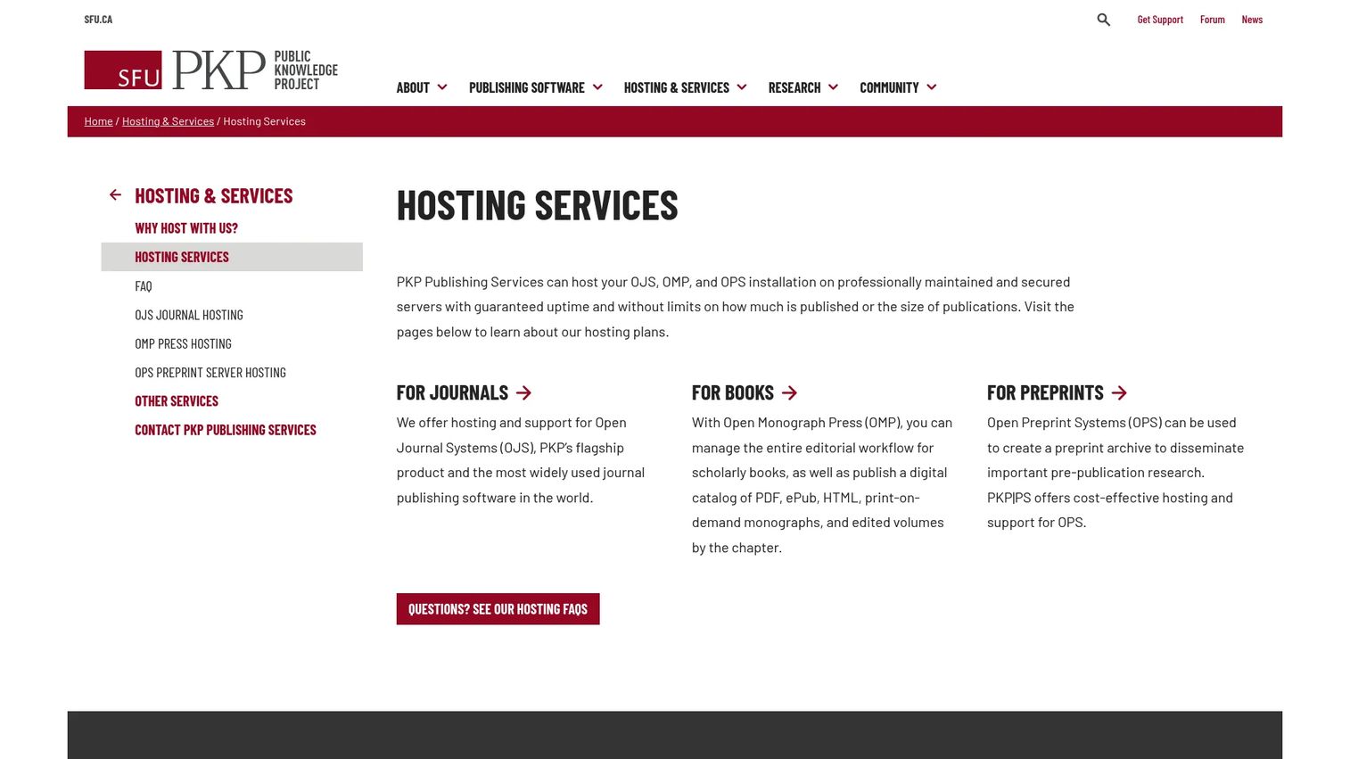 PKP Hosting and Services homepage