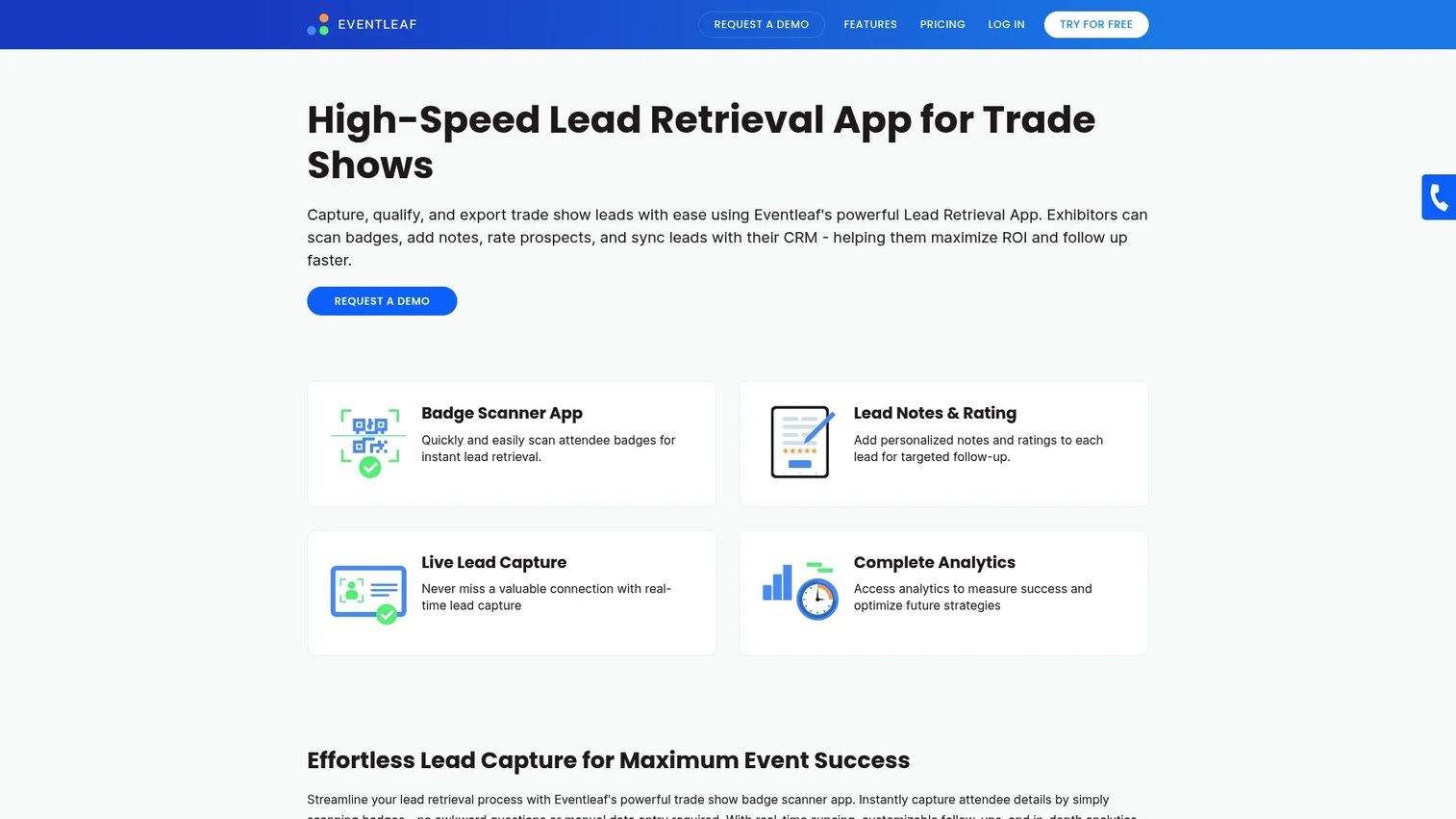 Eventleaf lead retrieval app interface showing badge scanning and lead capture