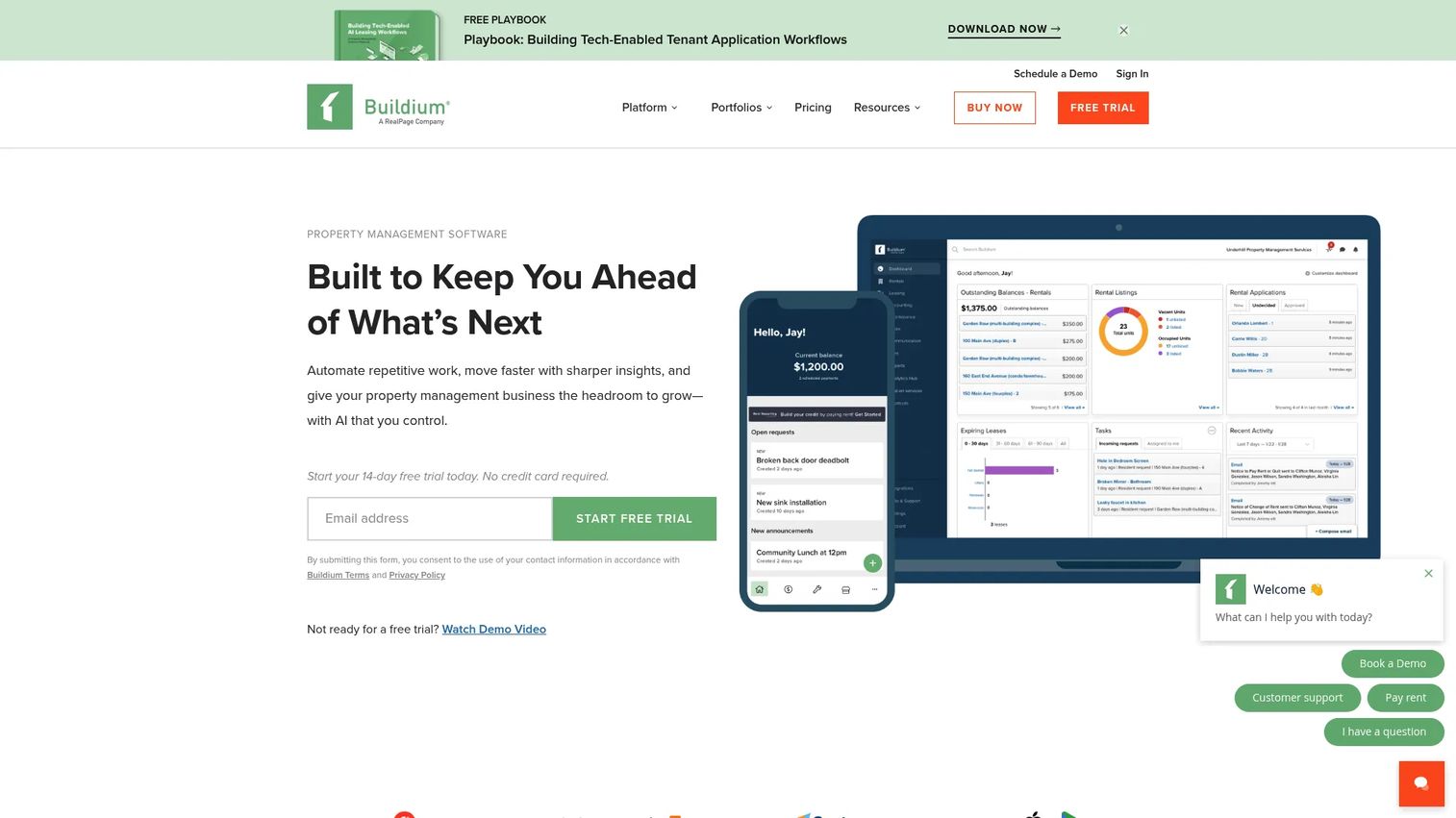 Buildium property management software homepage