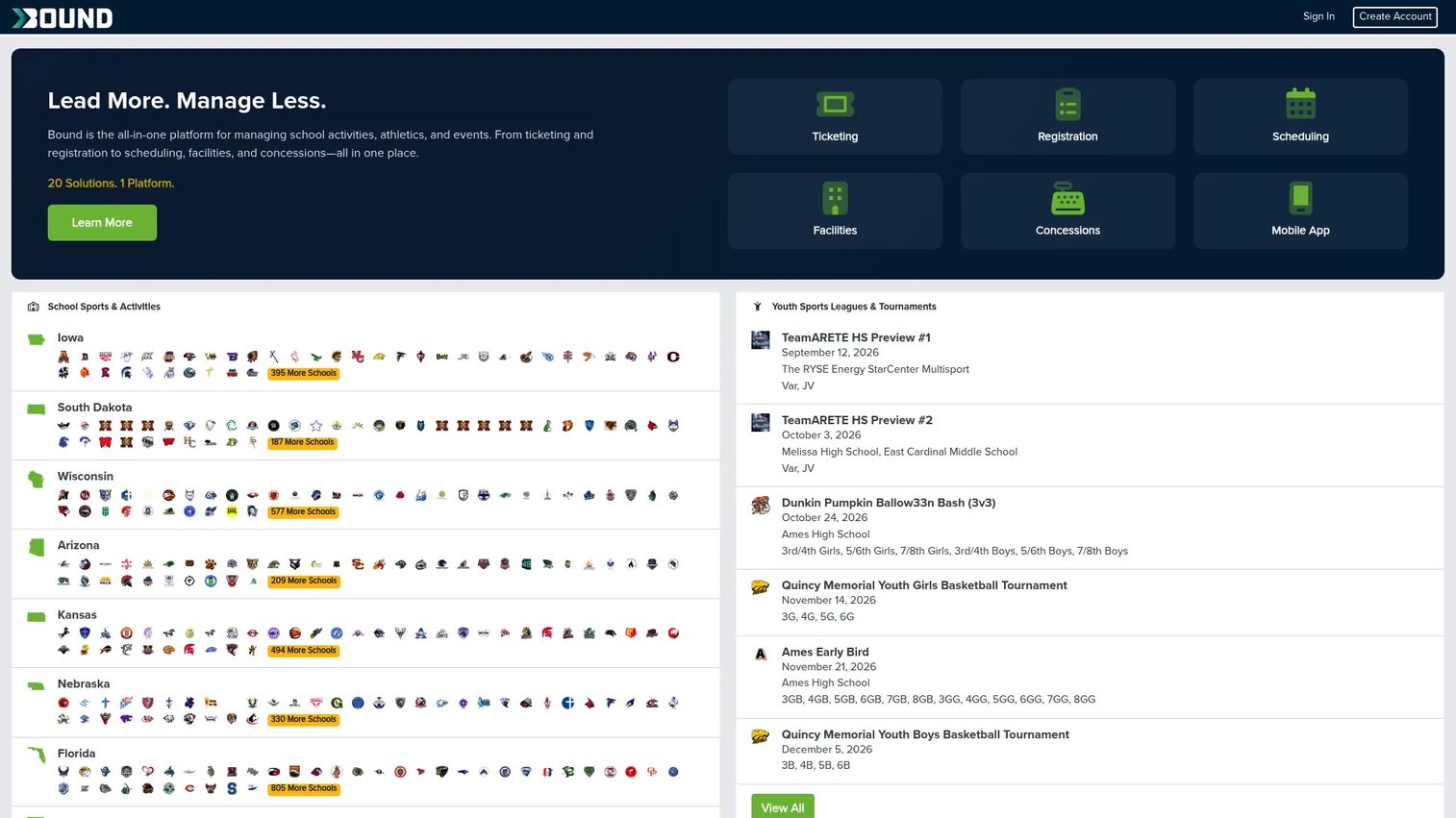 Bound high school sports and activities management software homepage