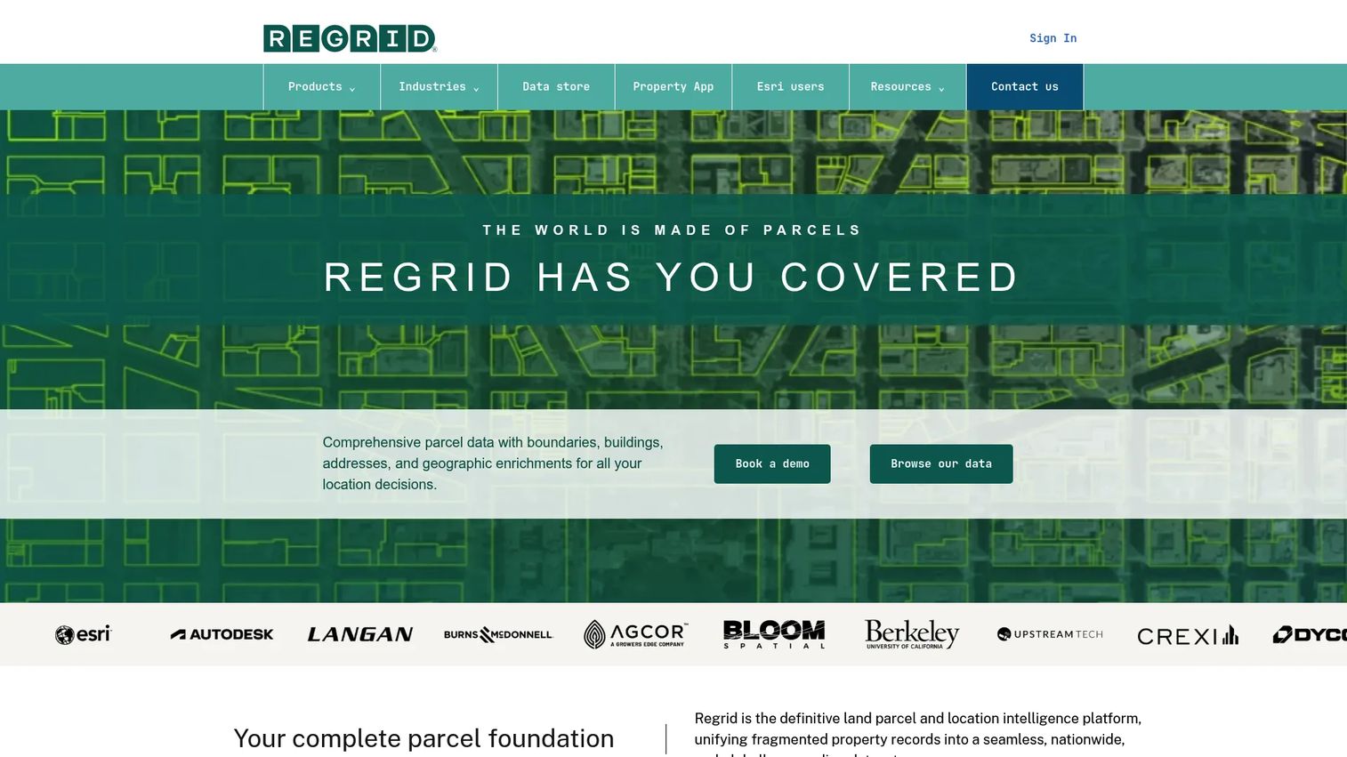 Regrid parcel data platform showing property boundaries and records on a web map