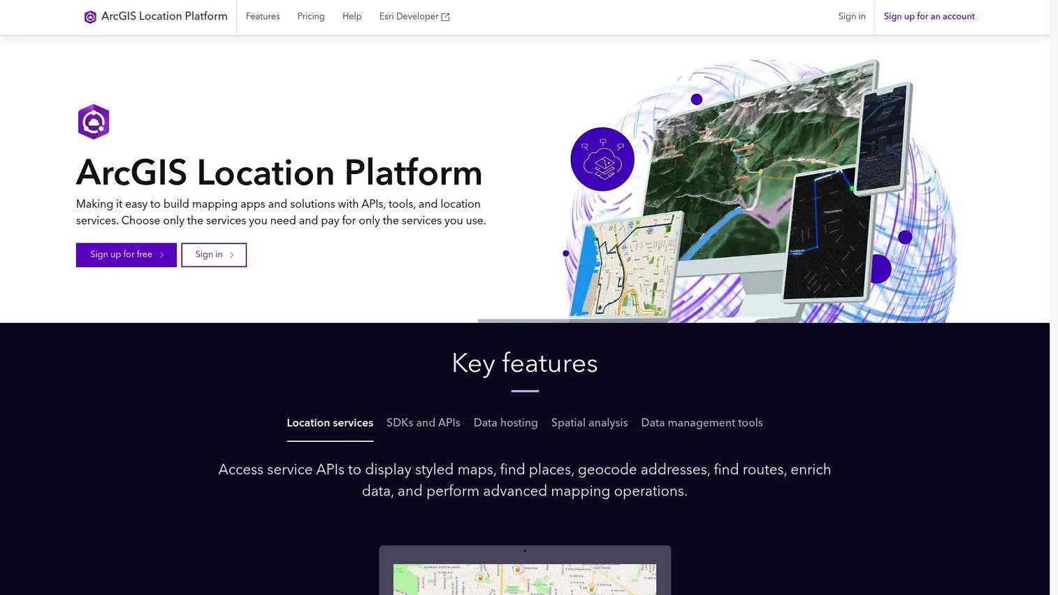 ArcGIS Location Platform developer console showing mapping APIs and location services