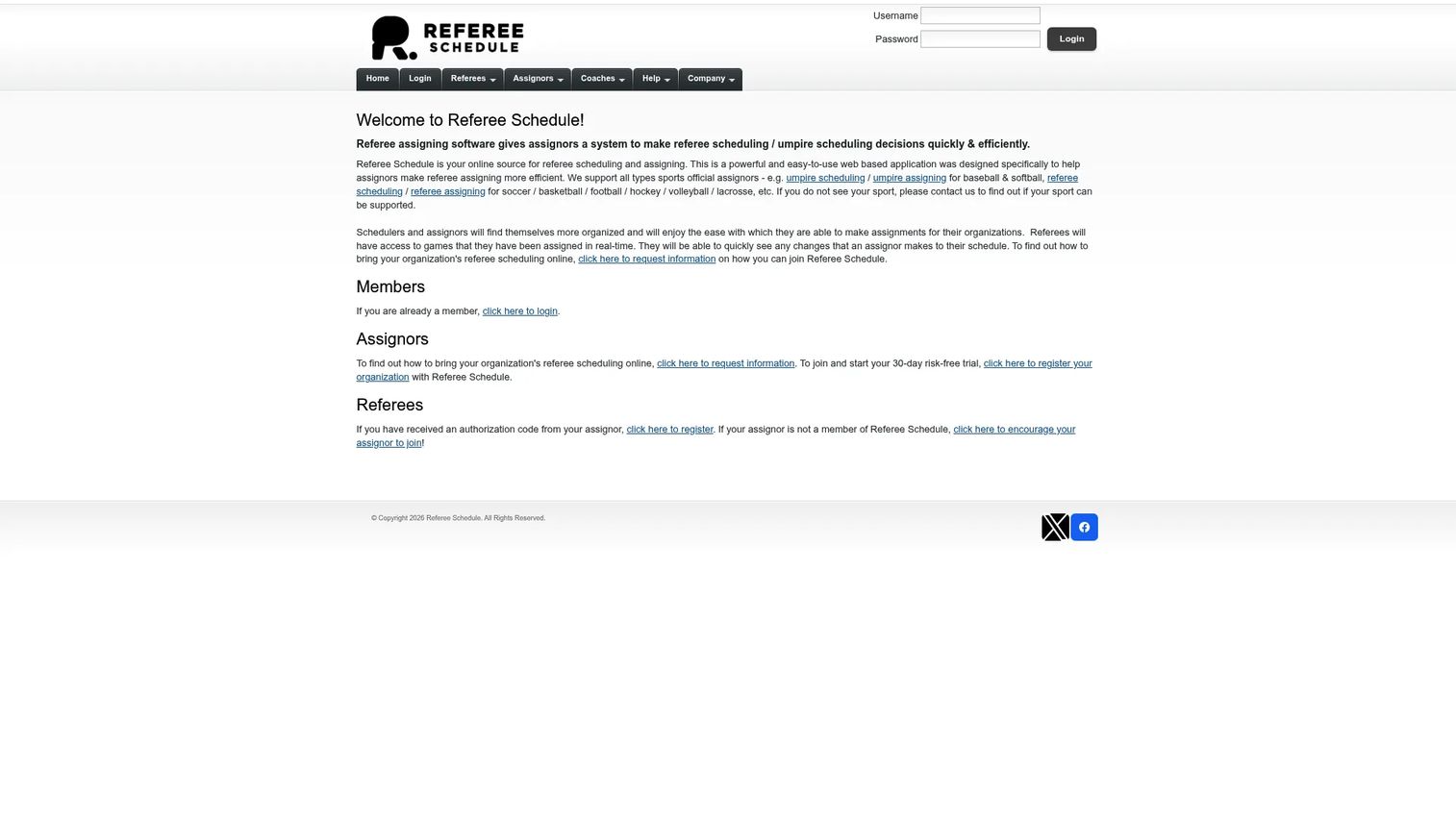 RefereeSchedule.com scheduling software homepage