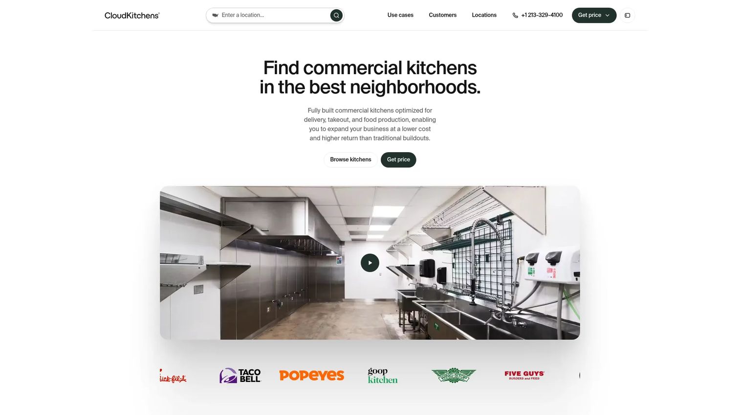 CloudKitchens homepage showing delivery-optimized commercial kitchen spaces