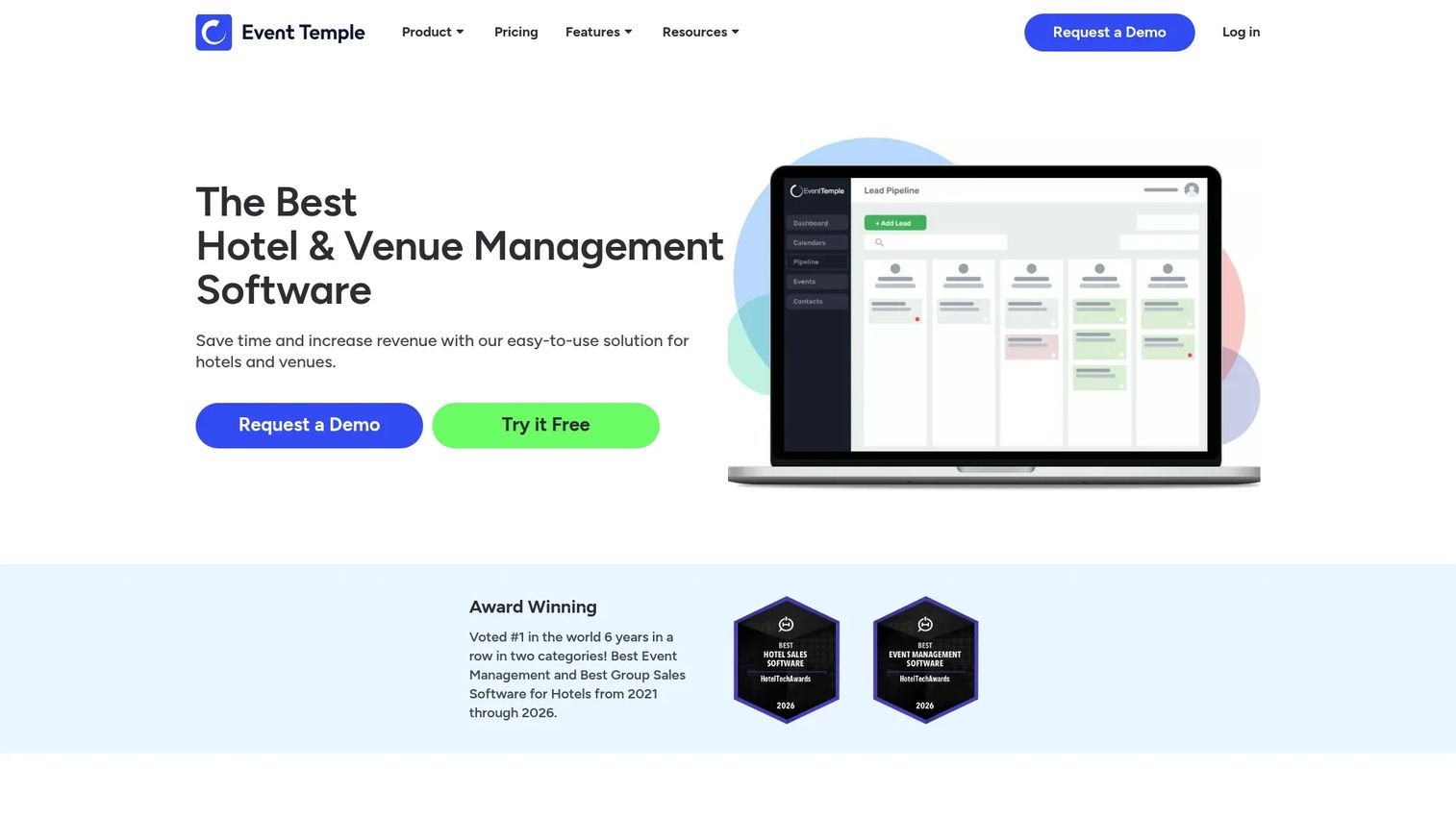Event Temple hotel and venue management software homepage