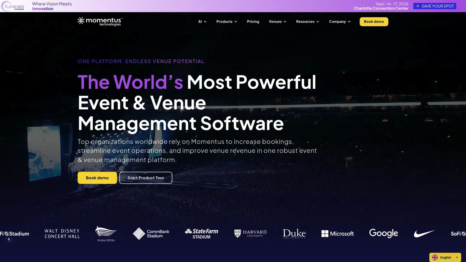 Momentus Technologies venue and event management platform homepage
