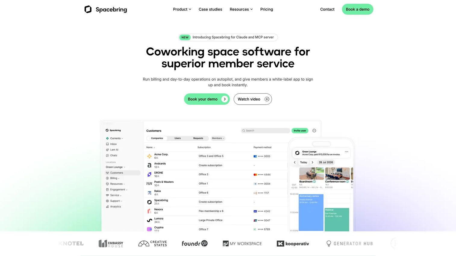 Spacebring coworking operations software homepage