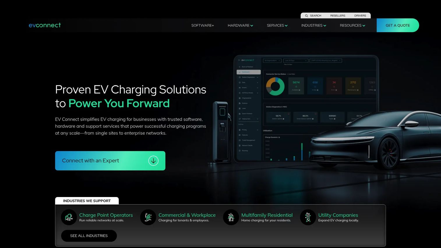 EV Connect EV charging software homepage