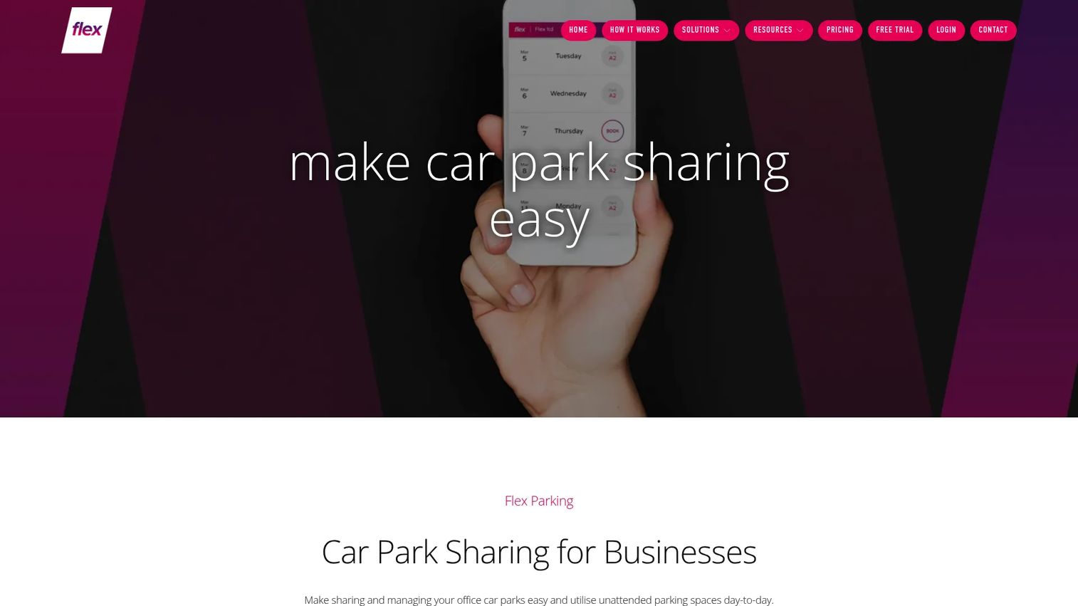 Flex Parking workplace car park sharing software homepage.