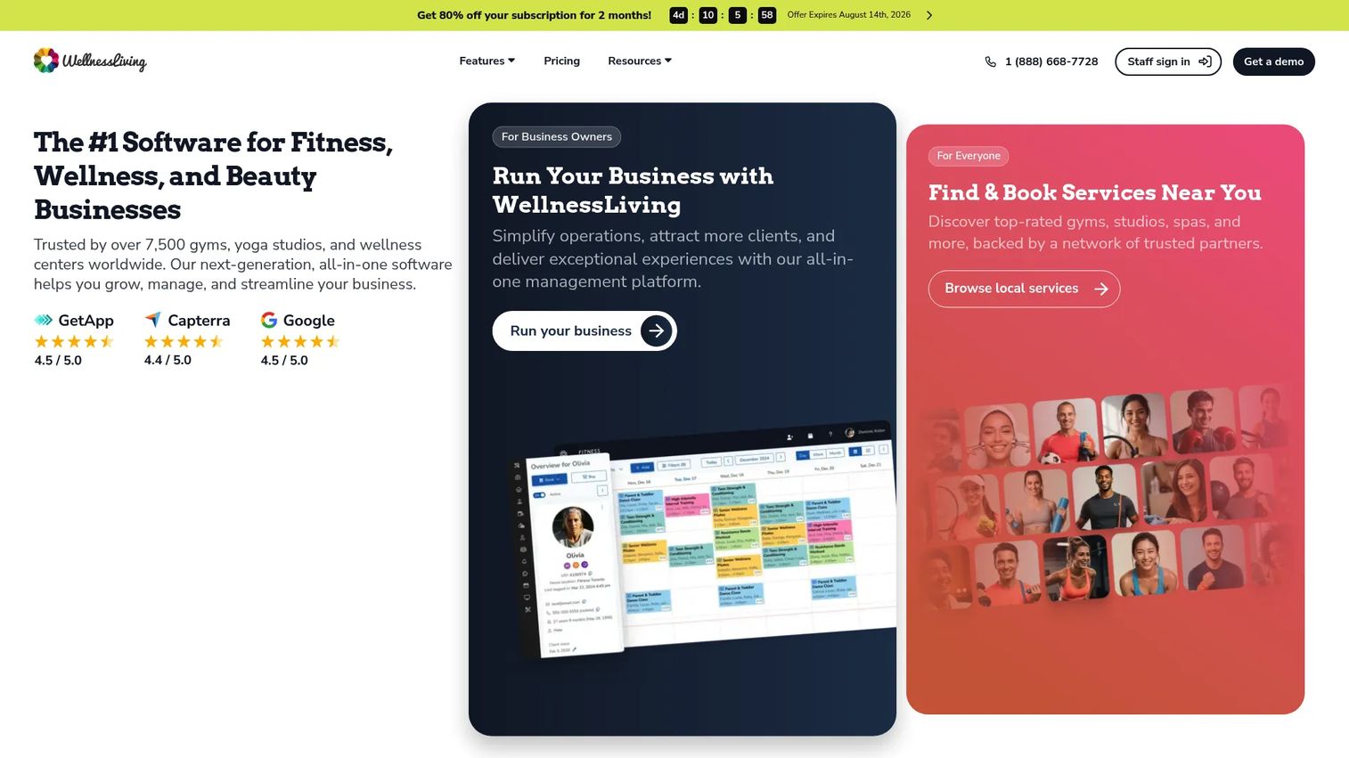 WellnessLiving business management software homepage