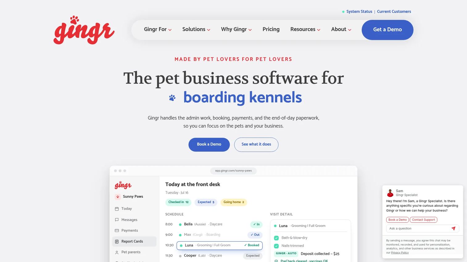 Gingr pet-care business software homepage