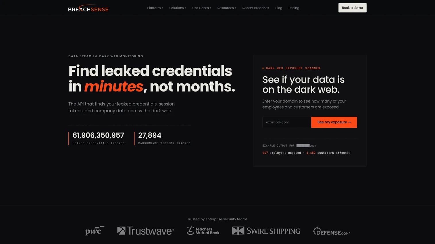 Breachsense dark web and breach monitoring platform homepage