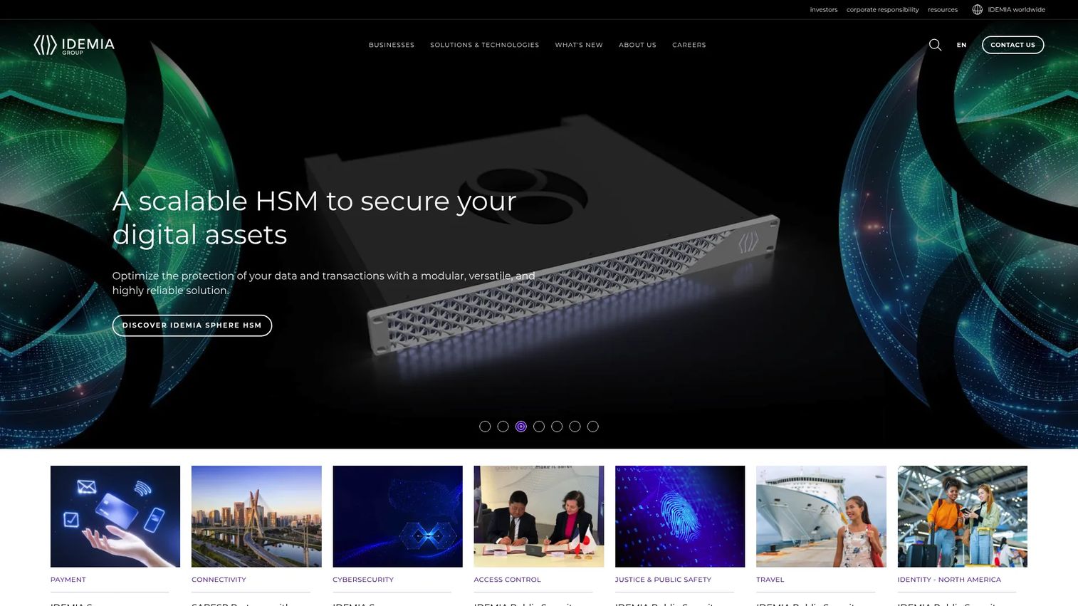 IDEMIA website showing identity and security technology solutions