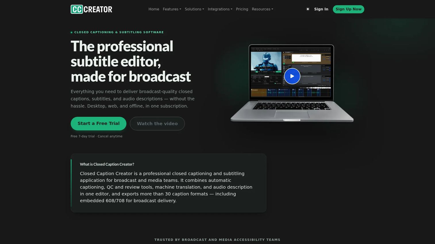 Closed Caption Creator broadcast captioning homepage