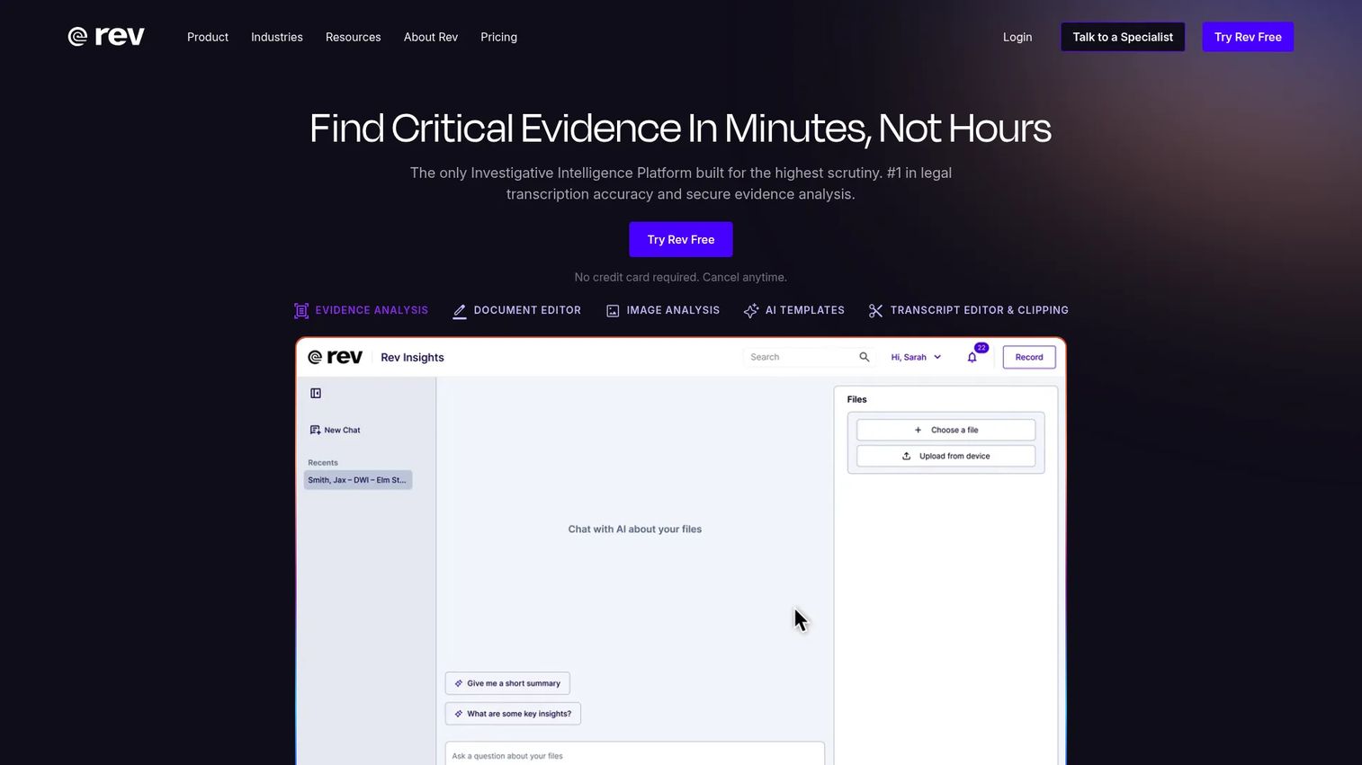 Rev transcription and captioning homepage