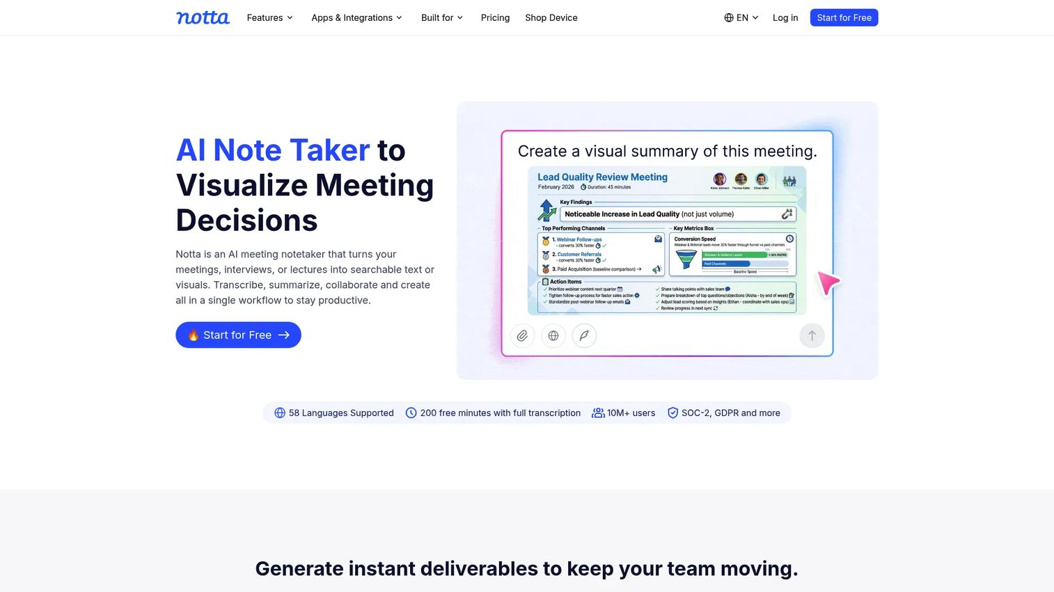 Notta multilingual meeting transcription interface