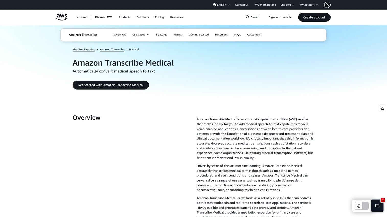Amazon Transcribe Medical AWS speech-to-text service page