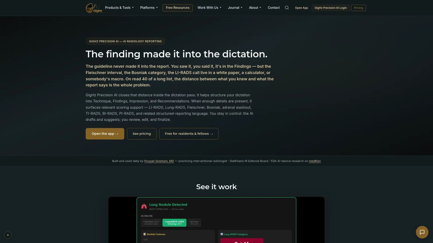 GigHz Precision AI radiology report assistant homepage