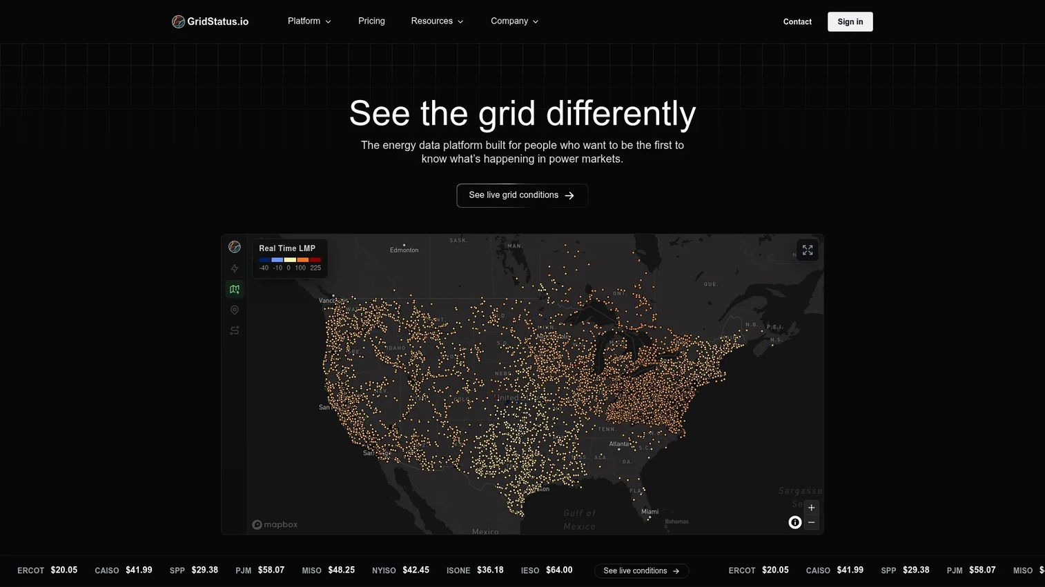 Grid Status power market data platform homepage
