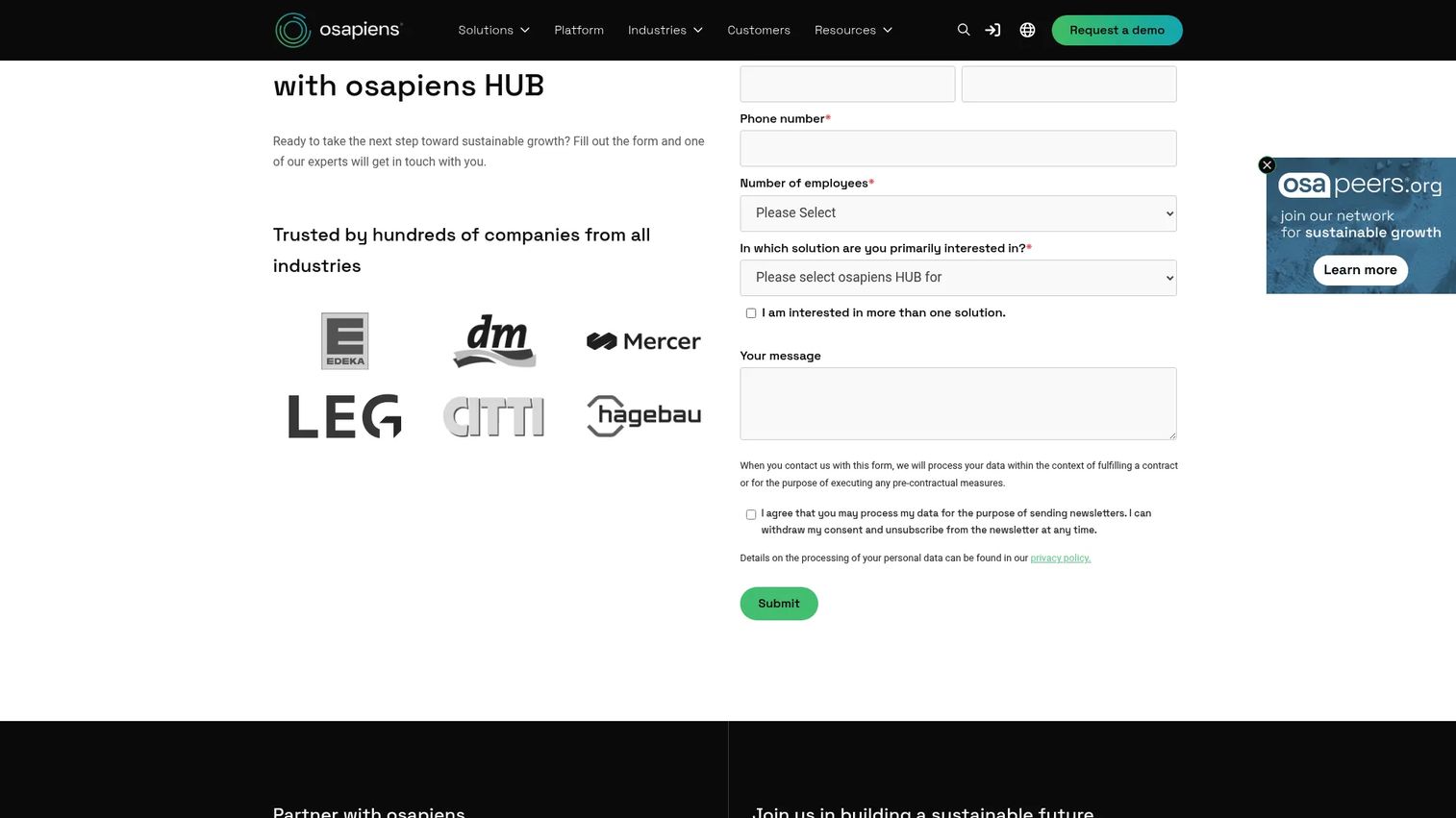 Osapiens sustainability and compliance platform homepage