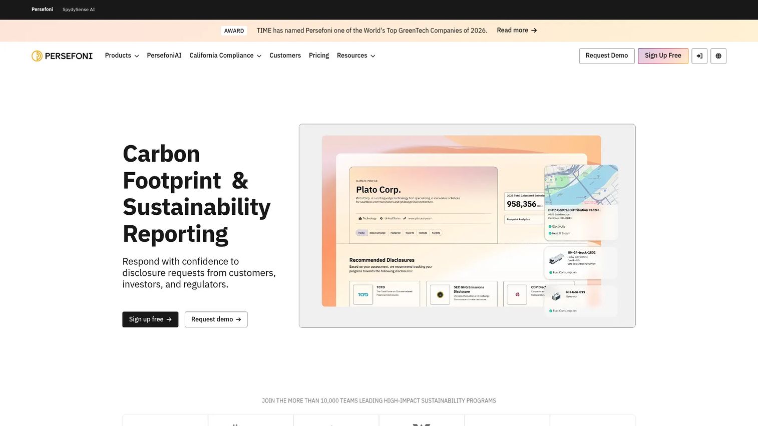 Persefoni website homepage showing carbon accounting and climate disclosure software