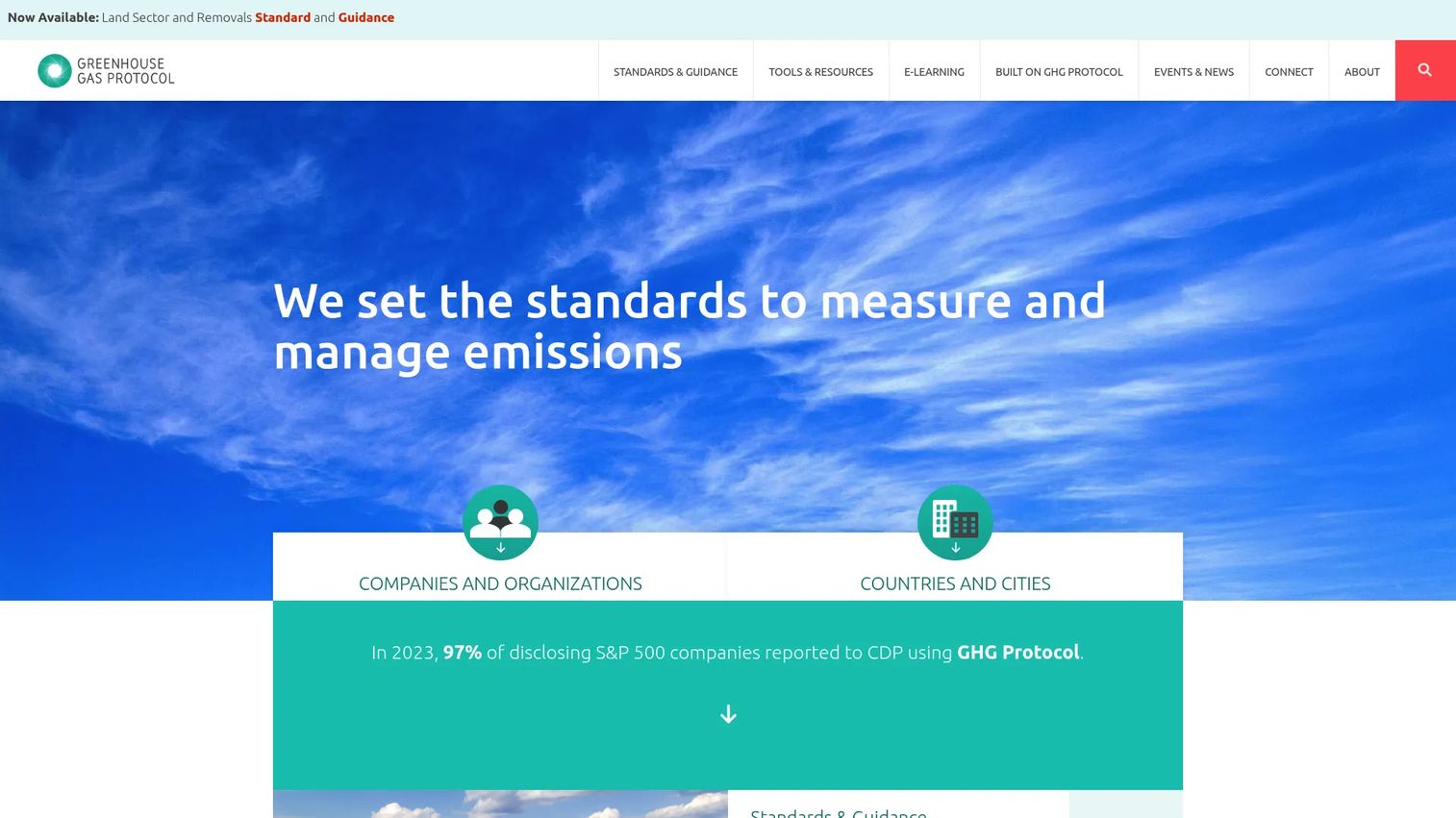 GHG Protocol website homepage showing greenhouse gas accounting standards