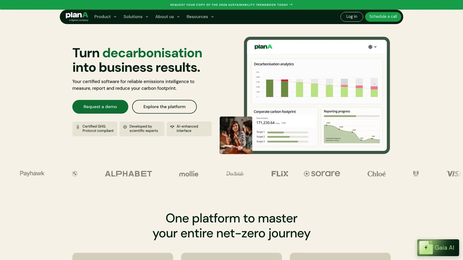 Plan A website homepage showing carbon accounting and decarbonisation software