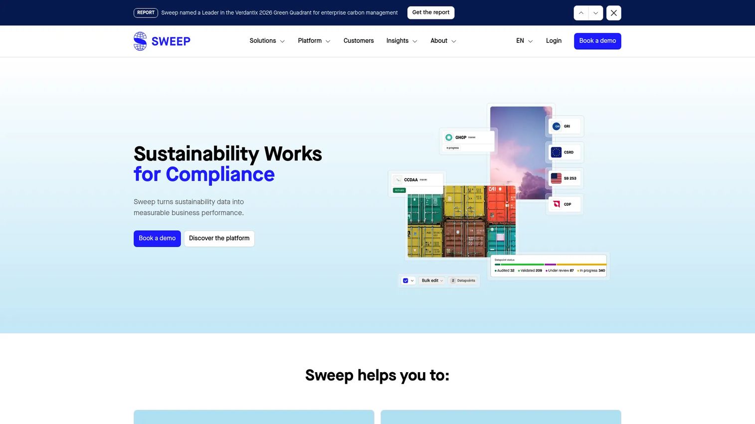 Sweep website homepage showing sustainability data management platform