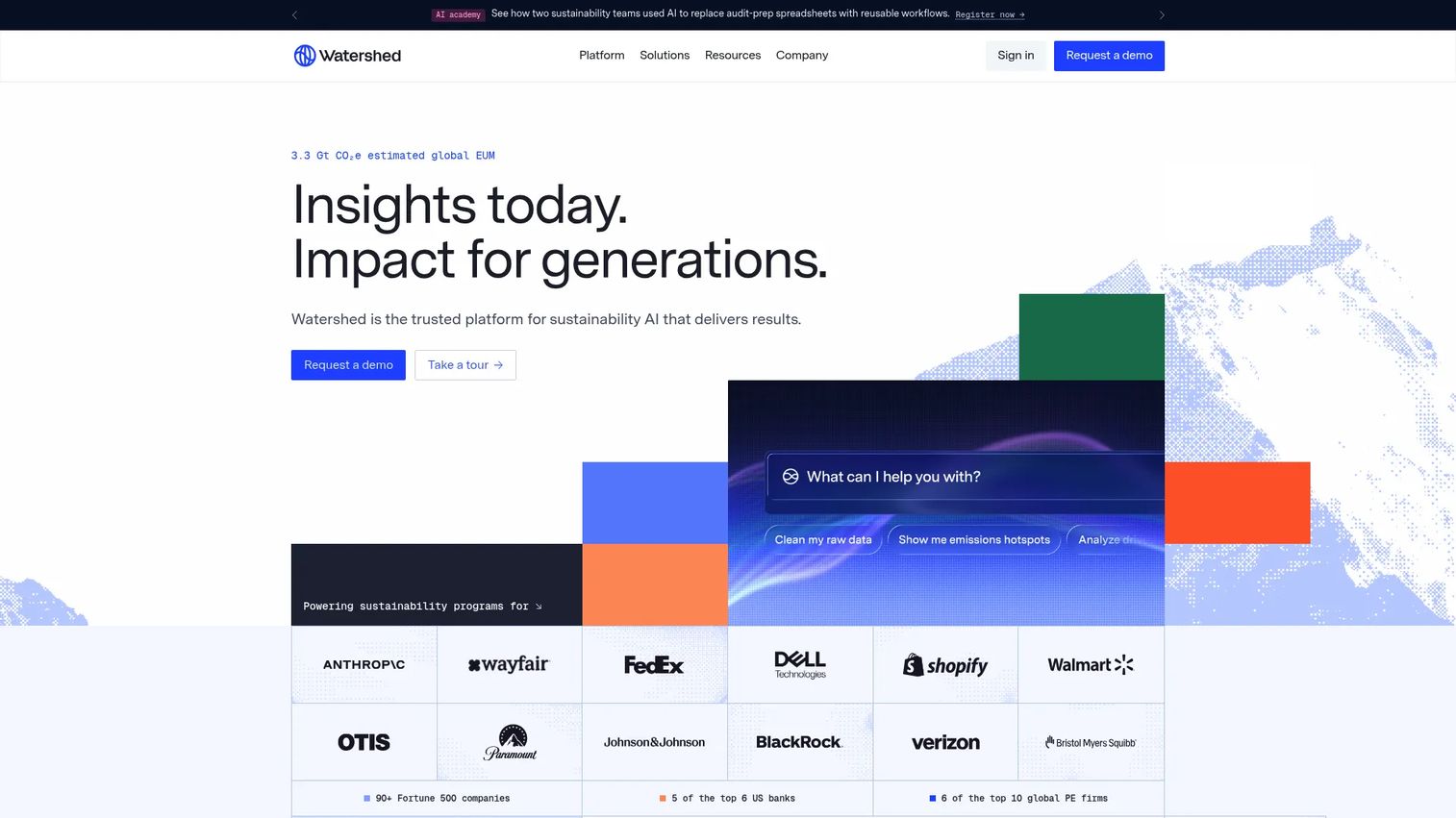 Watershed website homepage showing enterprise sustainability AI platform
