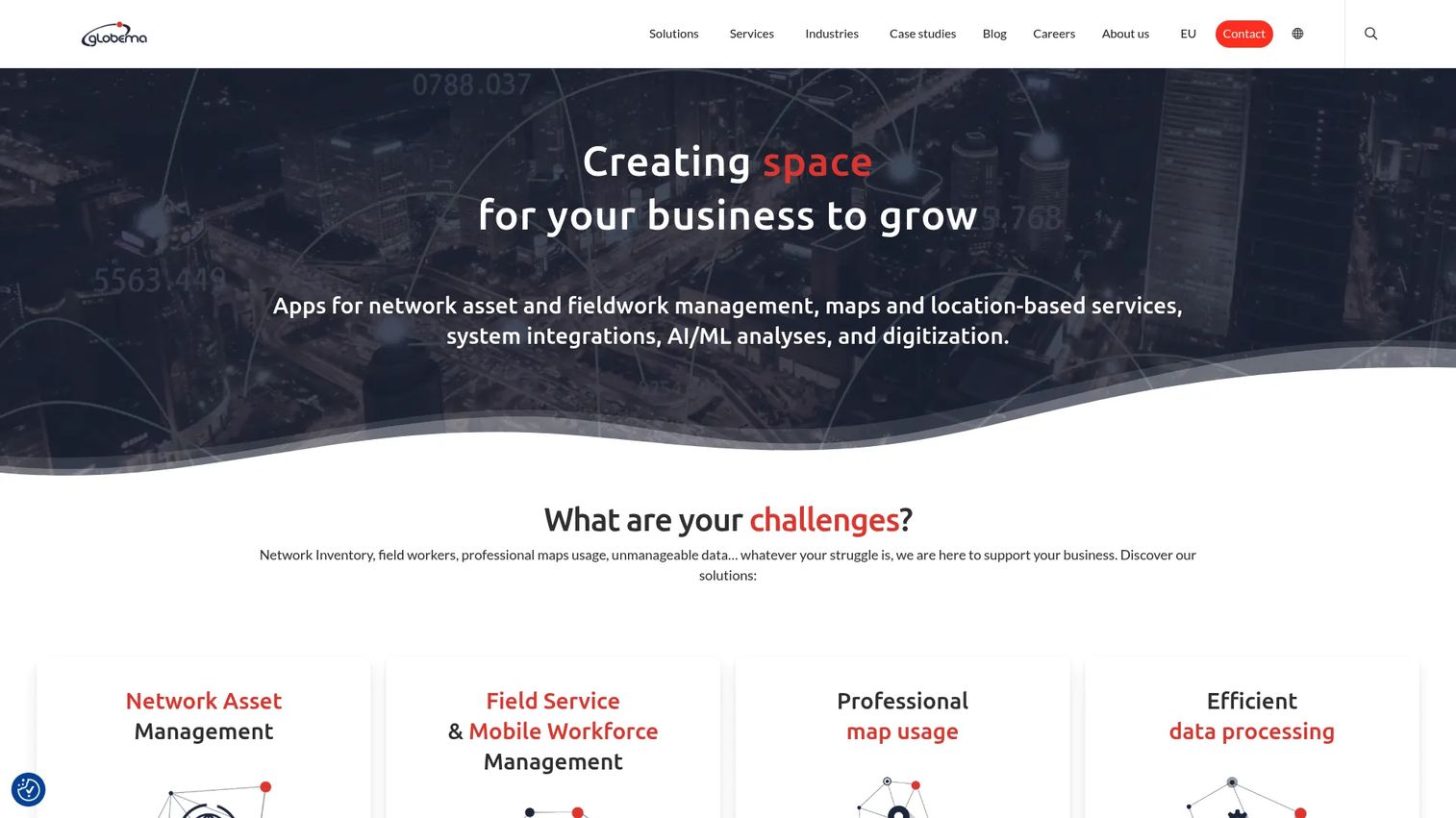 Globema homepage showing geospatial and utility operations software