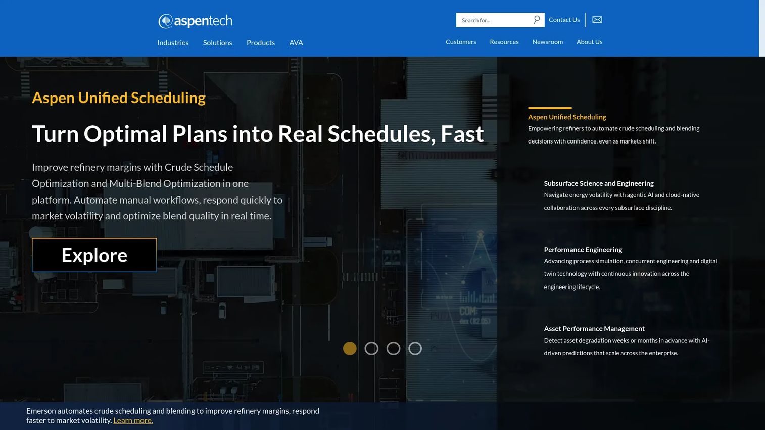 AspenTech homepage showing grid optimization and modeling software