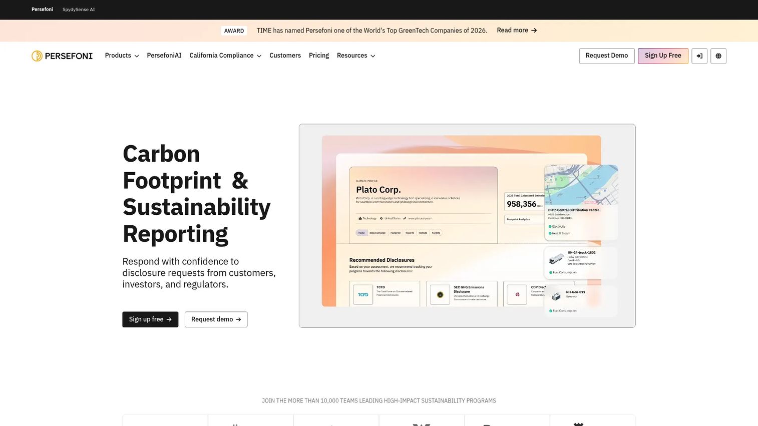 Persefoni carbon accounting and sustainability platform homepage