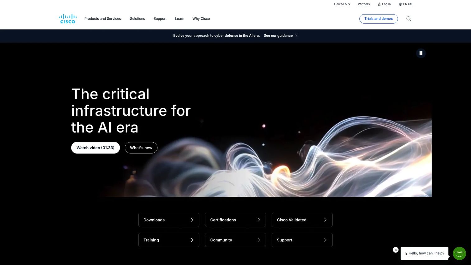 Cisco website homepage showing networking and connected infrastructure