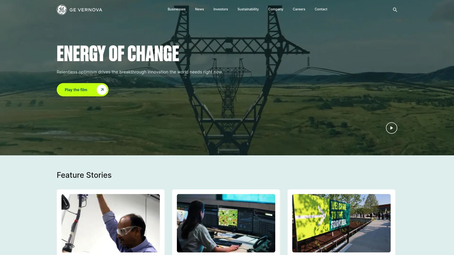GE Vernova website homepage showing grid orchestration and energy software