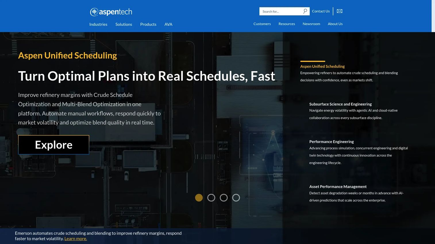 AspenTech website homepage showing industrial and digital grid software