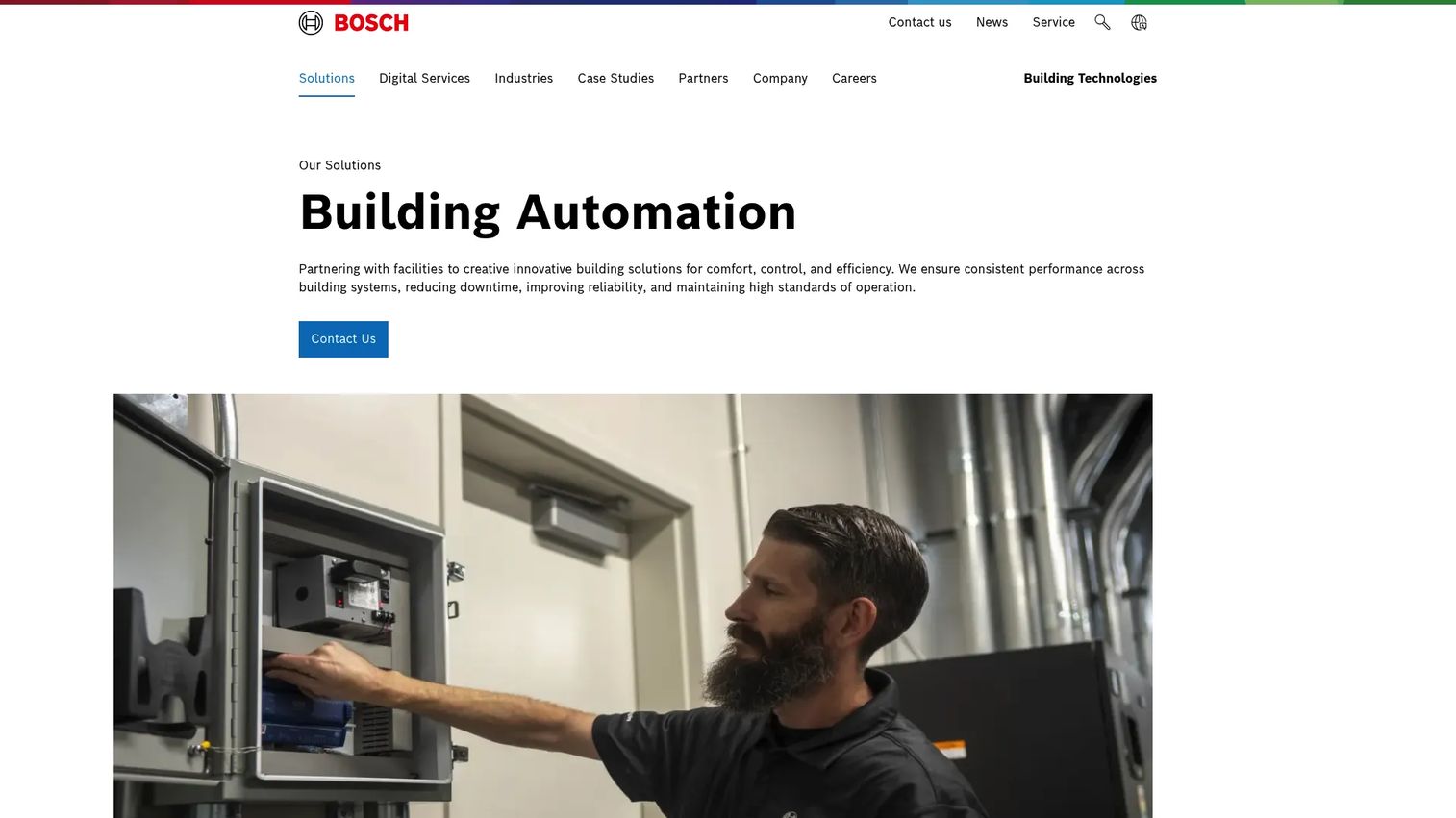 Bosch Building Technologies homepage showing building automation solutions